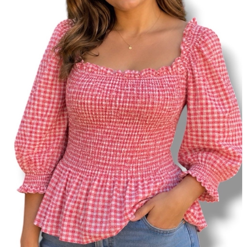 Max Studio Gingham Smocked Peplum Top Large Red New Puff Sleeve Square Neck